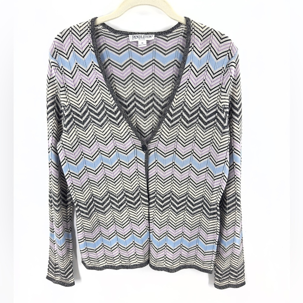 Pendleton Cardigan Womens Medium Petite Silk Cotton Chevron Sweater Luxury Soft